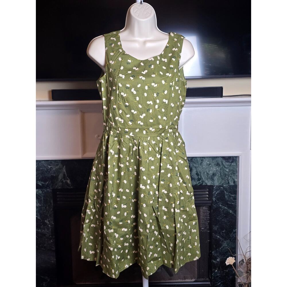 Tulip B Large Olive Green Floral Cotton Fit Flare Midi Dress NWT - Picture 2 of 8